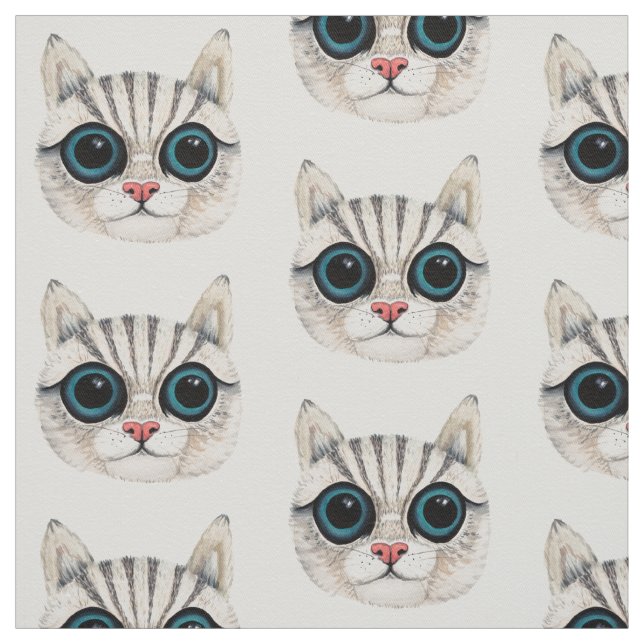 Cat Face Illustration Pattern Cotton Fabric (Swatch)