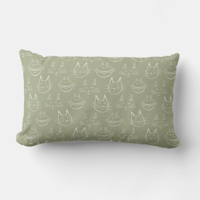Cat Face Illustration Sage Green Lumbar Cushion (Front)
