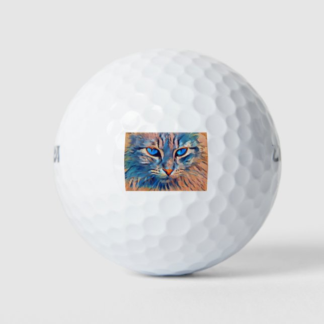 Cat Face Orange Blue Pet Feline Meow Watching Golf Balls (Front)