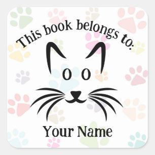 Cat Face & Paw Prints Design Bookplate Sticker