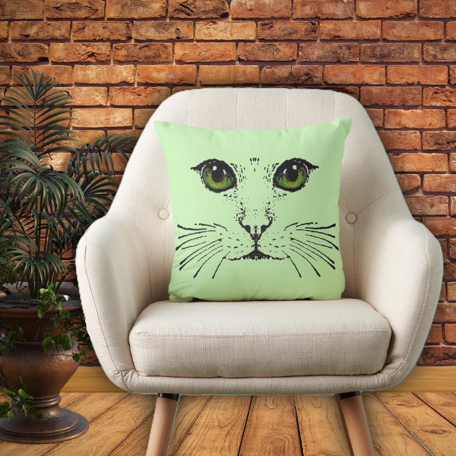 Cat Face Sketch Deep Green Eyes long Whiskers  Cushion (Kitty Cat face drawn in black green eyes whiskers on light green accent decorative pillow.)