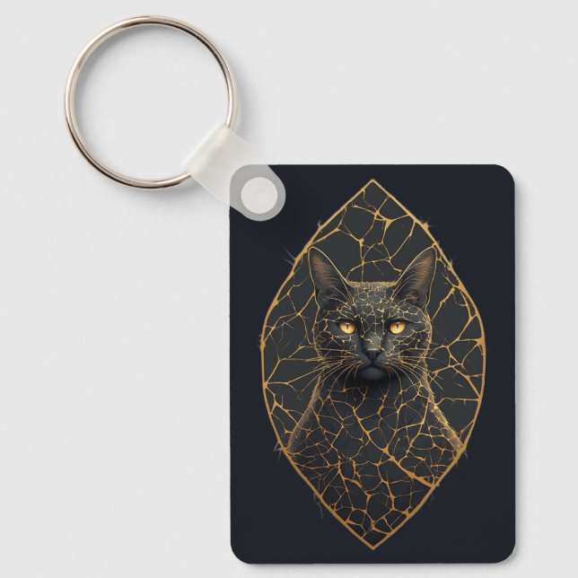 Cat Face With Golden Cracks Decorative Accent 🐾 Key Ring (Front)