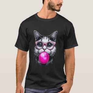 Cat Face With Pink Glasses Blowing A Big Bubble Gu T-Shirt