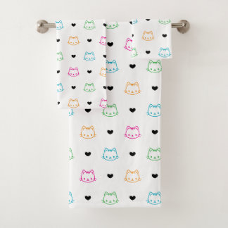Cat Faces and Hearts Cute Pattern for Kids Bath Towel Set