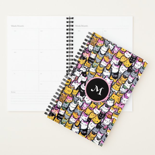 Cat faces doodle pattern feline pets monogram fun planner (Display)