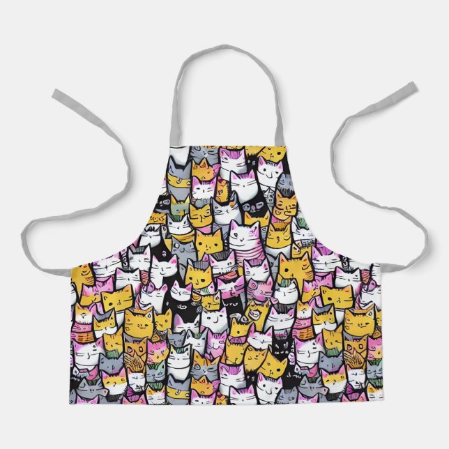 Cat faces doodle print collage kitties pattern apron (Front)