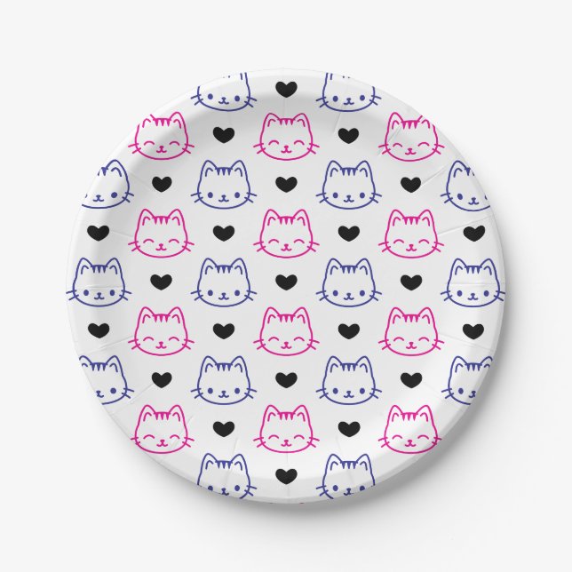Cat Faces Pattern and Hearts Birthday 7 inch Round Paper Plate (Front)
