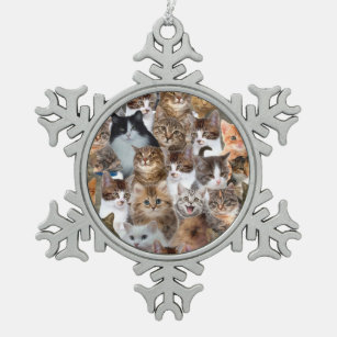 Cat Faces Pattern Snowflake Pewter Christmas Ornament