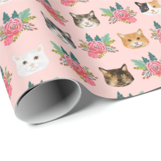 Cat faces pink florals wrapping paper