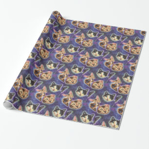 Cat faces with various breeds and patterns wrapping paper