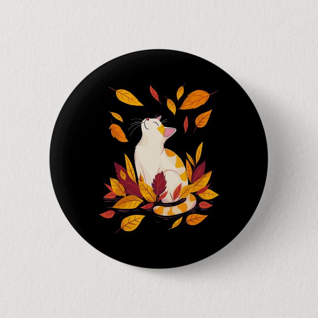 Cat Fall Leaf Tree Hello Autumn Thanksgiving  6 Cm Round Badge (Front)