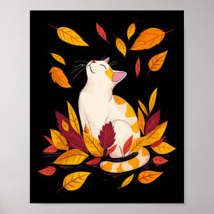 Cat Fall Leaf Tree Hello Autumn Thanksgiving  Poster