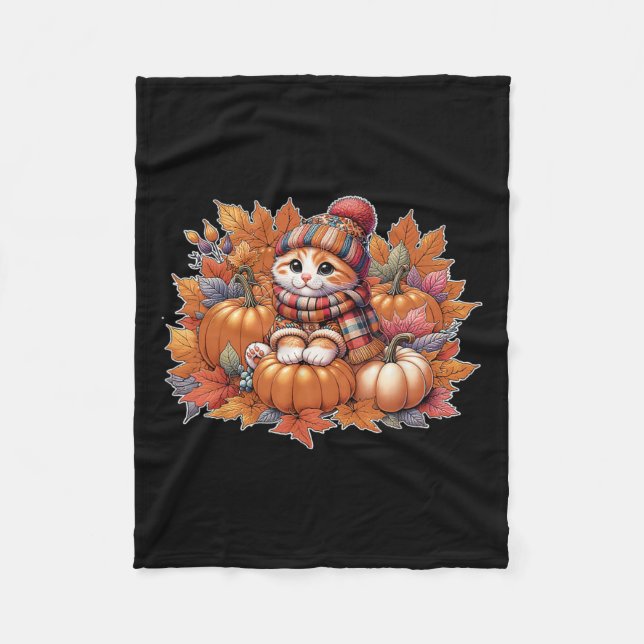 Cat-fall-leaves-hello-autumn-cat-kitten-lover-than Fleece Blanket (Front)