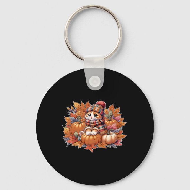 Cat-fall-leaves-hello-autumn-cat-kitten-lover-than Key Ring (Front)