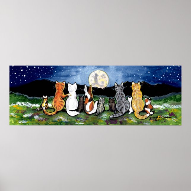 Cat Family Watching Moon Night Poster Navy Tabby (Front)