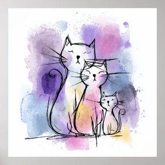 Cat Family Watercolor Giclee Poster Wall Art