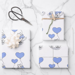 Cat Family With Blue Heart Balloons Wrapping Paper Sheet