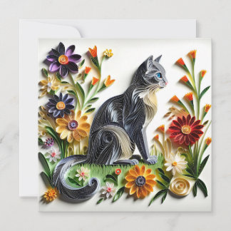 Cat Faux Paper Quilling Cat and Flowers Card