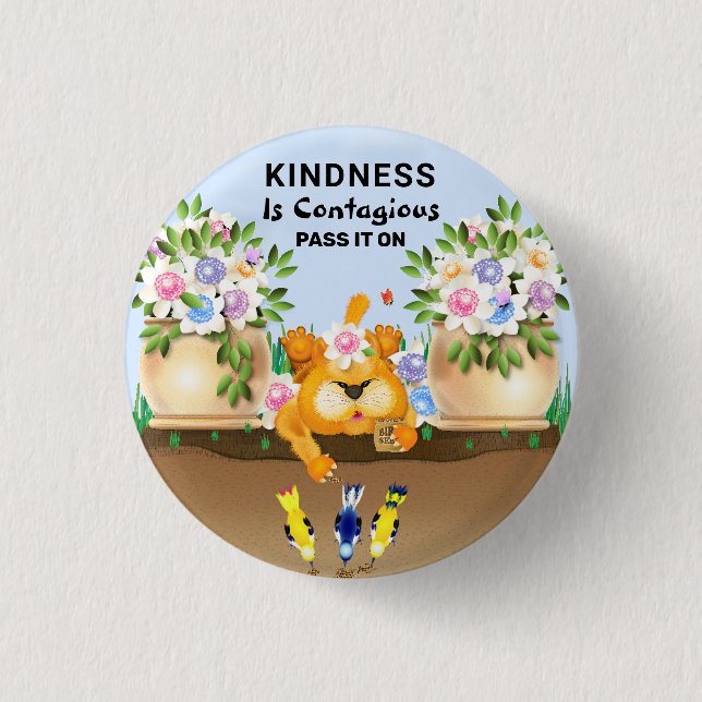 Cat Feeding Birds Friendship Kindness 3 Cm Round Badge (Front)