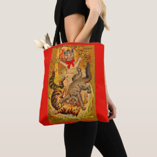 cat fight print tote bag