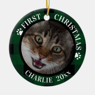 Cat First Christmas 2-Photo Green and Black Plaid Ceramic Tree Decoration