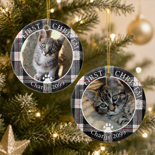 Cat First Christmas Photo Plaid Keepsake Ceramic Tree Decoration