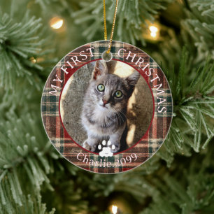 Cat First Christmas Photo Red Green Plaid Keepsake Ceramic Tree Decoration