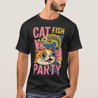 Cat Fish Party Funny Cartoon T-Shirt