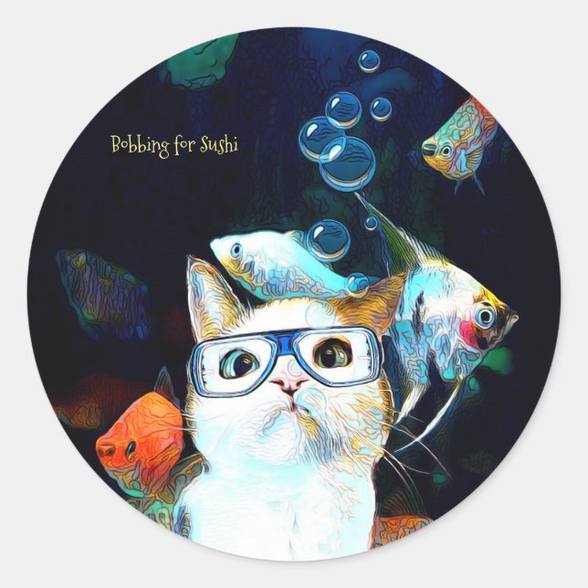 Cat Fish Sushi Humour Funny Fantasy Round Sticker (Front)
