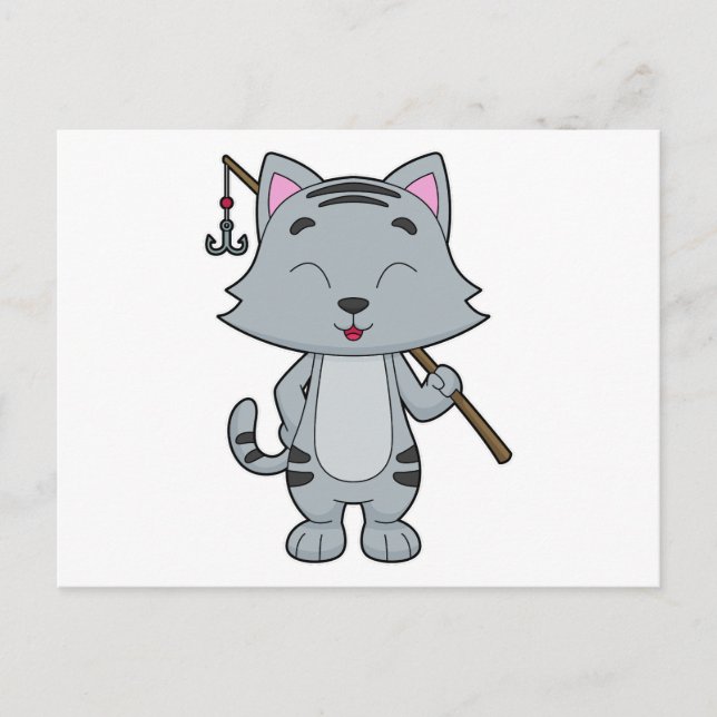 Cat Fishing Fisher Finshing rod Postcard (Front)