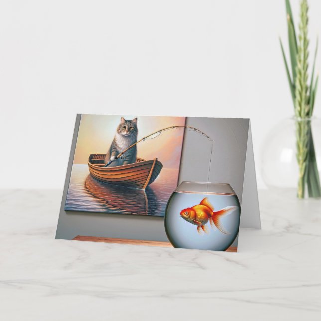 Cat Fishing For a Goldfish Birthday Card (Front)