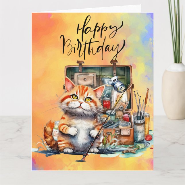 Cat Fishing lovers birthday watercolor Card (Front)