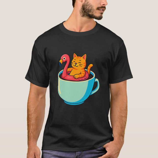 Cat Flamingo Floatie Coffee Cup Funny Chill Kitty  T-Shirt (Front)