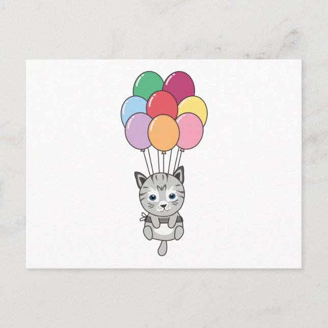 Cat Flies Up With Colourful Balloons Postcard (Front)