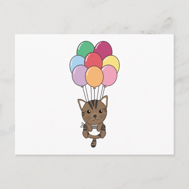 Cat Flies Up With Colourful Balloons Postcard (Front)