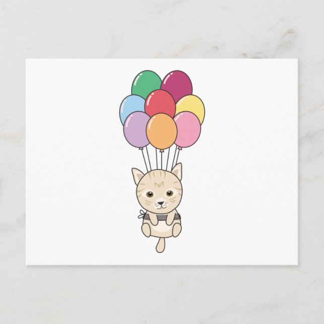Cat Flies Up With Colourful Balloons Postcard (Front)