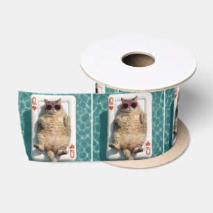 Cat Floating On Queen of Hearts Pool Mattress Satin Ribbon