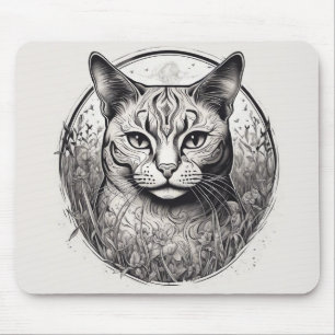 Cat Floral Black White Close Up Flowers Detailed Mouse Pad