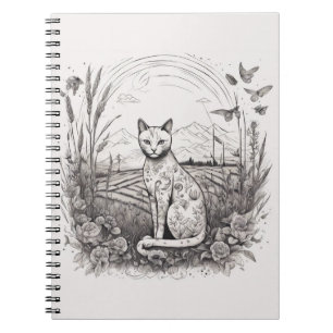 Cat Floral Black White Close Up Flowers Detailed  Notebook