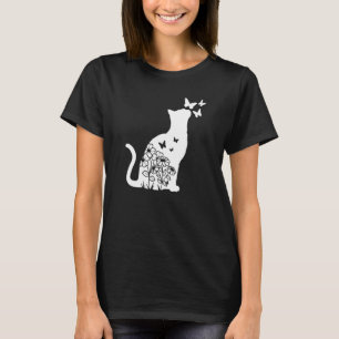Cat Floral Butterfly Flowers Women Girls Cat Mum T-Shirt