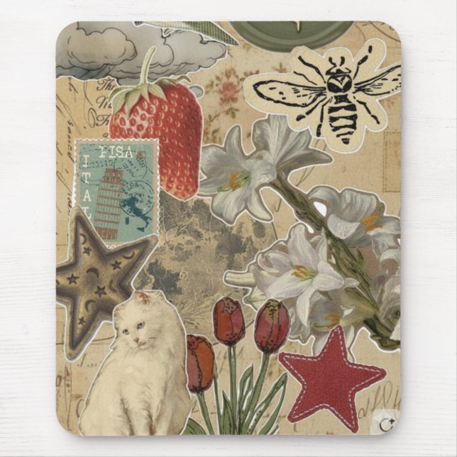 Cat Floral Collage Pattern – Cute Artistic Design Mouse Pad (Front)