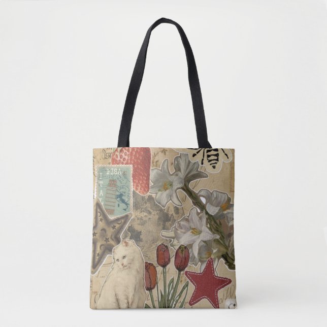 Cat Floral Collage Pattern – Cute Artistic Design Tote Bag (Front)
