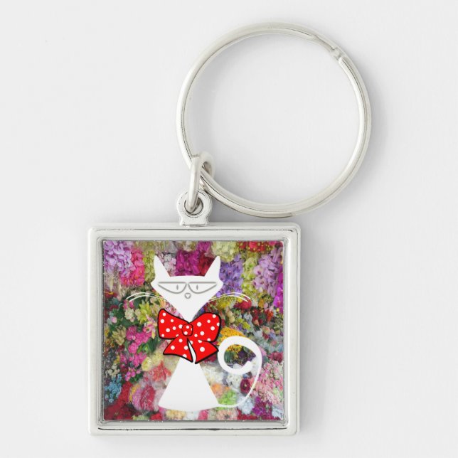 Cat Floral Red Bow Tie Key Chain! Key Ring (Front)