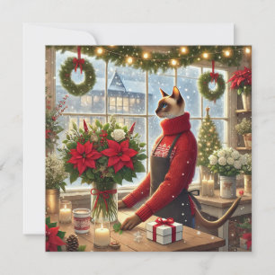 Cat Florist with Flowers Christmas Greeting Holiday Card