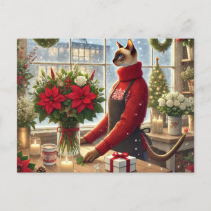 Cat Florist with Flowers Christmas Greeting Holiday Postcard