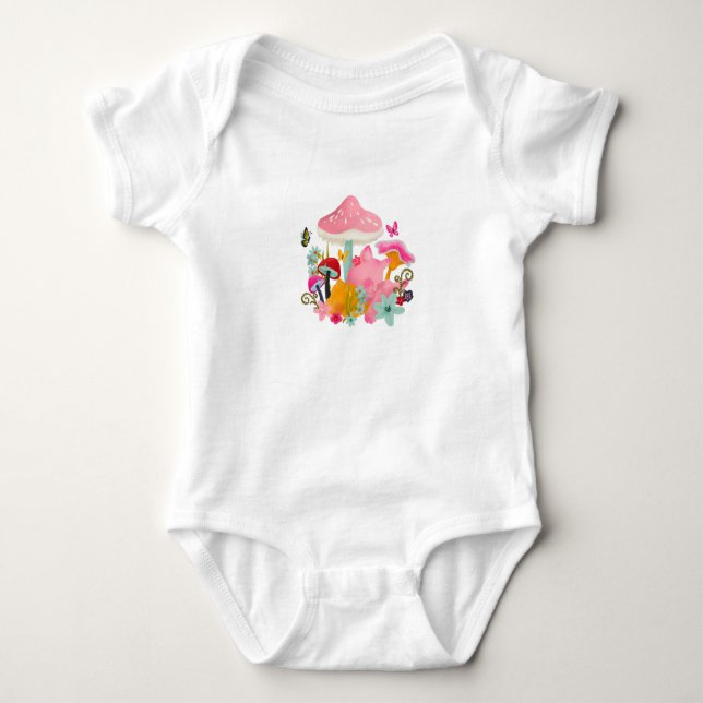 Cat, Flowers and Mushrooms Pattern Baby Bodysuit (Front)