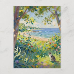Cat Flowers And Sea Postcard