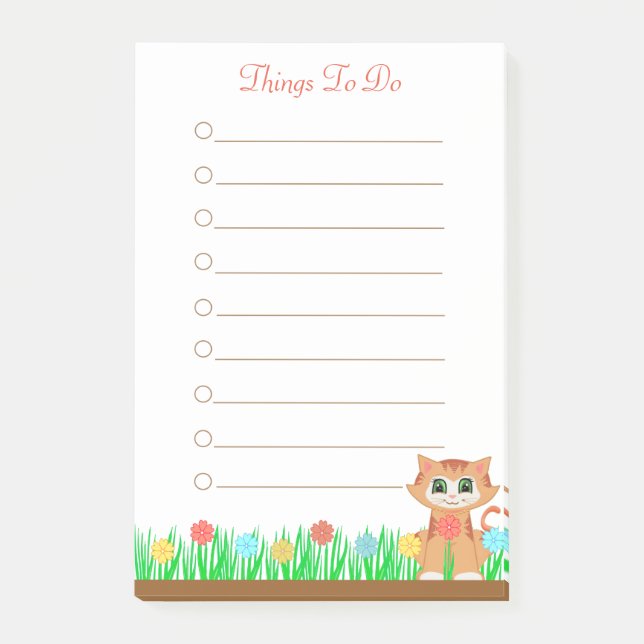 Cat. Flowers & Grass Personalised Things To Do Post-it Notes (Front)
