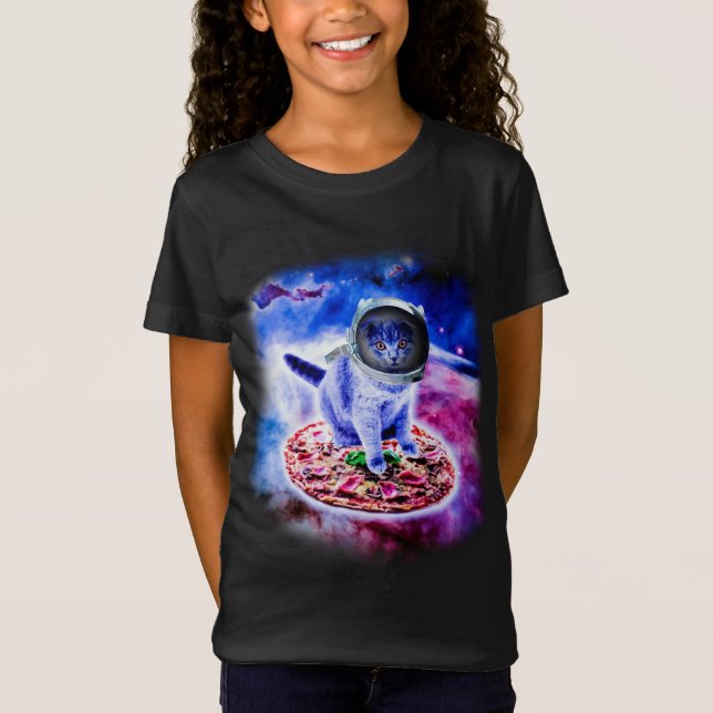 Cat Flying A Pizza Astronaut Funny Kitten Space T-Shirt (Front)
