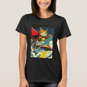 Cat Flying With UFO Novelty Tee, Cute Caped Cat &  T-Shirt